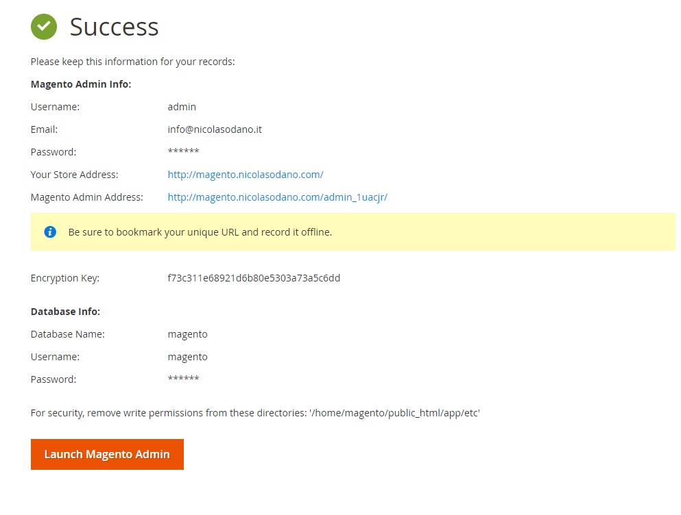 Success installazione Magento 2