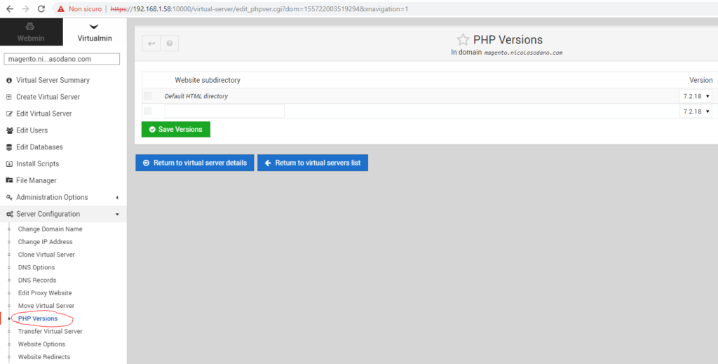 Virtualmin - Configurazione php 7.2