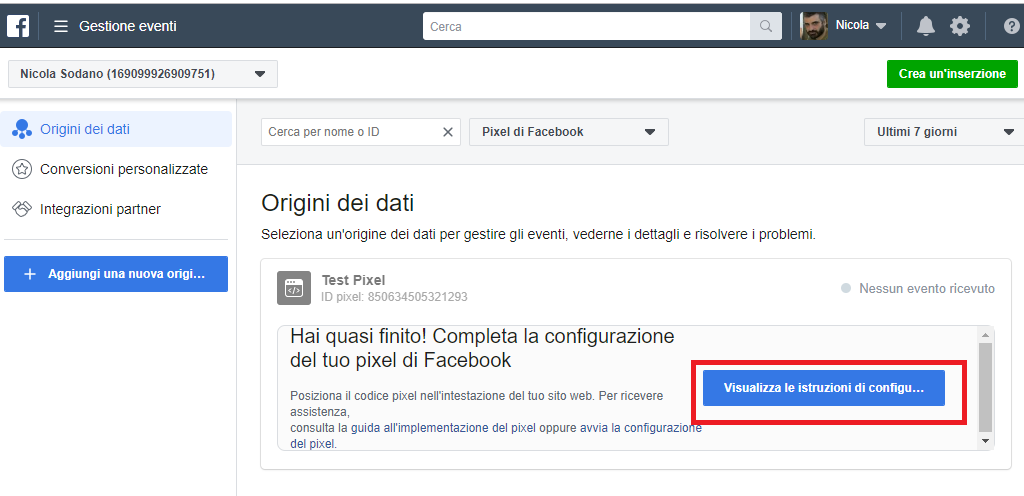 Configurazione guidata pixel di facebook